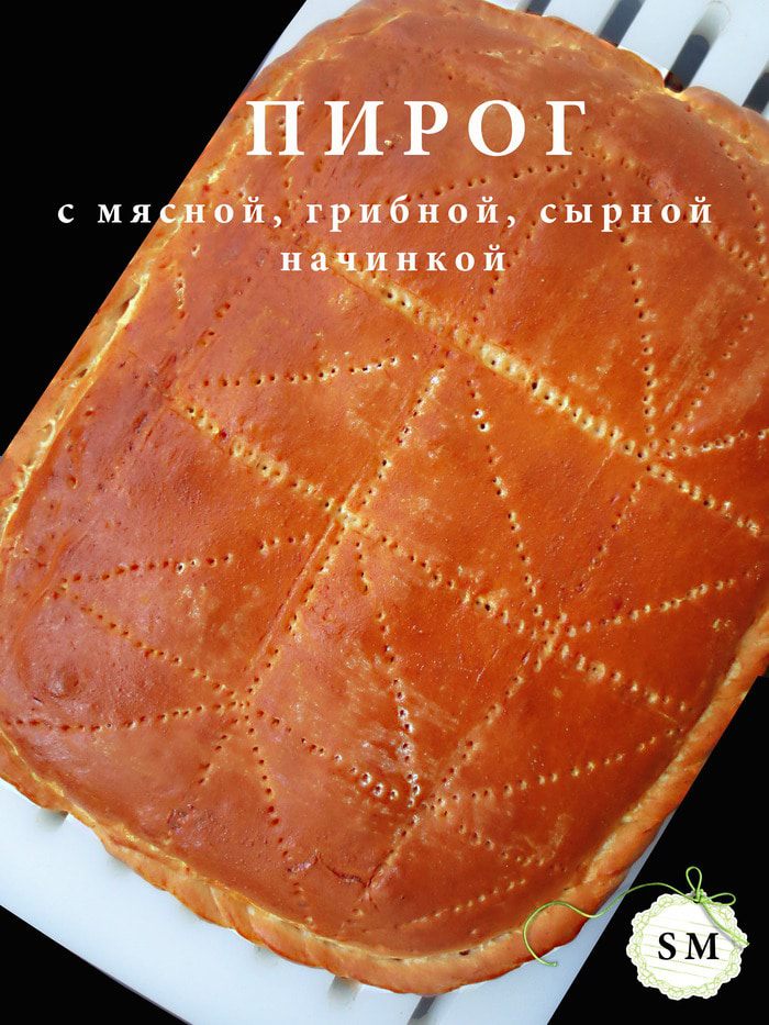 Пирог с мясной, грибной и сырной начинкой